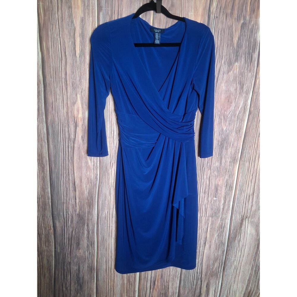 Chaps royal blue 3/4 sleeve faux wrap dress size small office business